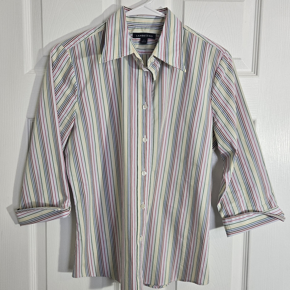 Lands End Womens Size 8 Striped 3/4 Sleeve Button Down Workwear  Blouse.